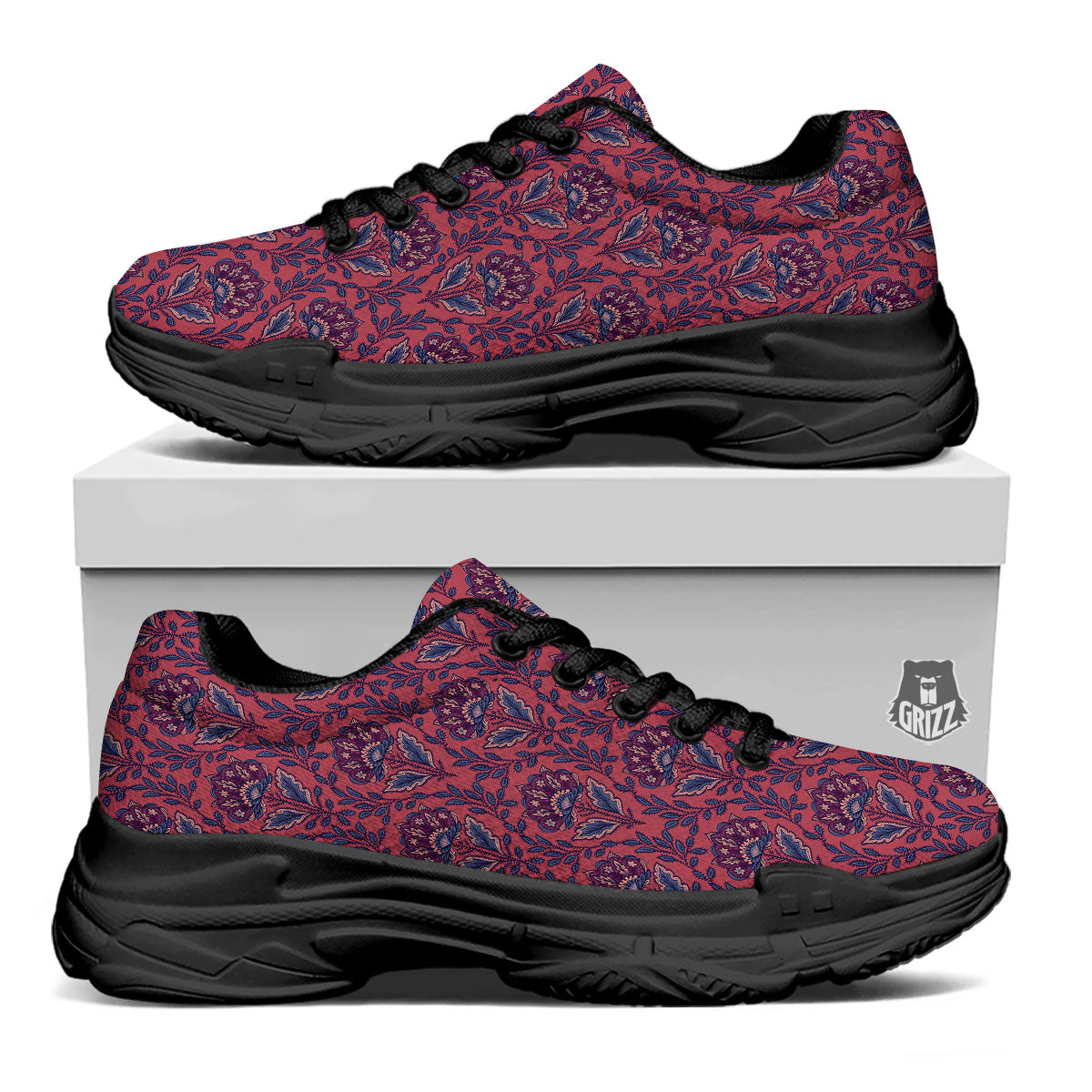 Bohemian Floral Maroon Vintage Print Pattern Black Chunky Shoes-grizzshop