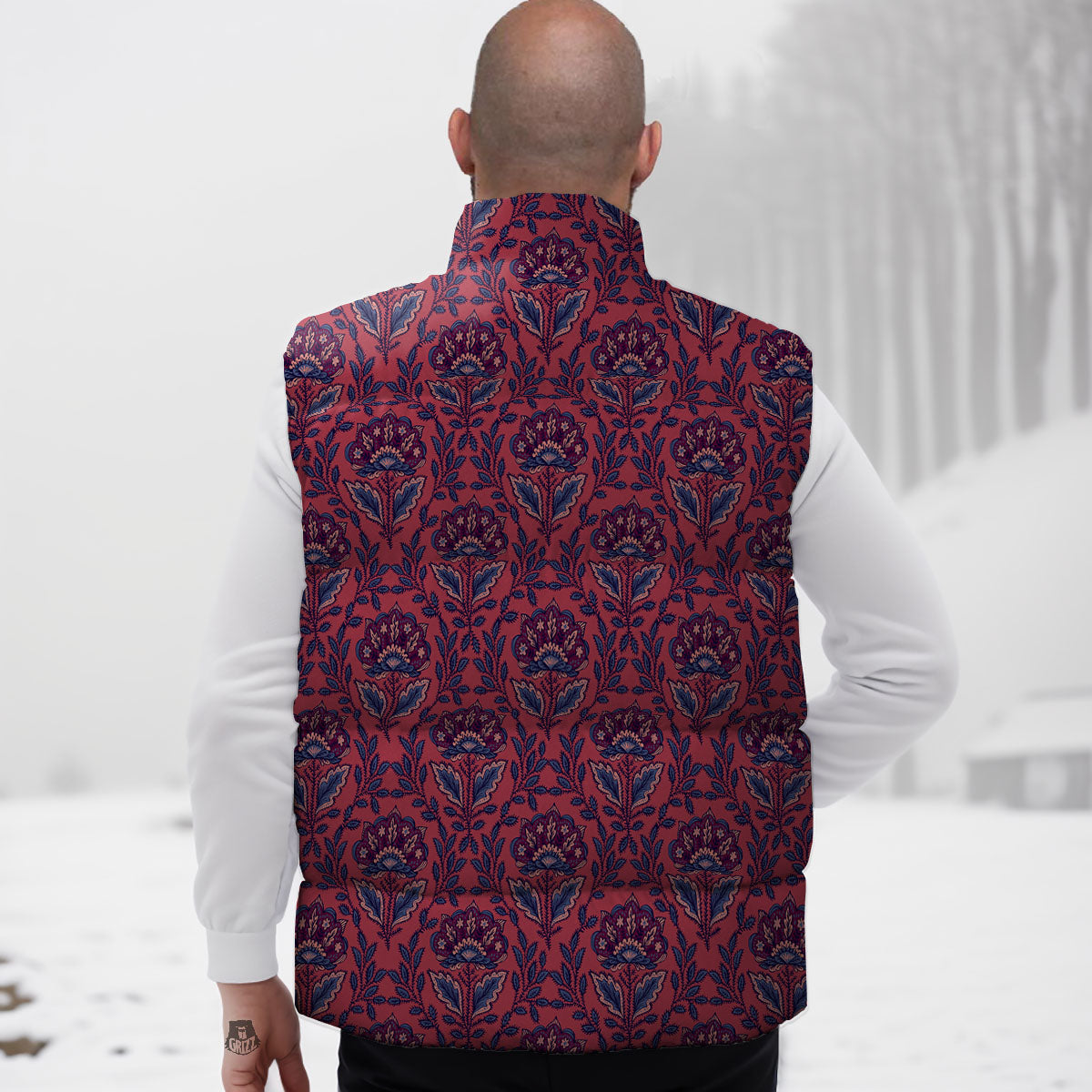 Bohemian Floral Maroon Vintage Print Pattern Down Vest