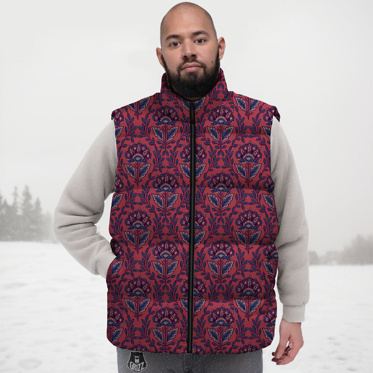 Bohemian Floral Maroon Vintage Print Pattern Down Vest