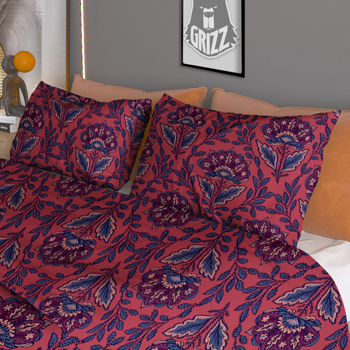 Bohemian Floral Maroon Vintage Print Pattern Duvet Cover Bedding Set