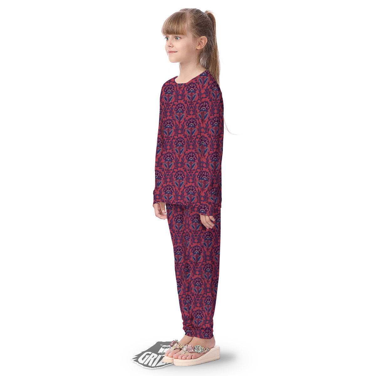 Bohemian Floral Maroon Vintage Print Pattern Kid's Pajamas-grizzshop
