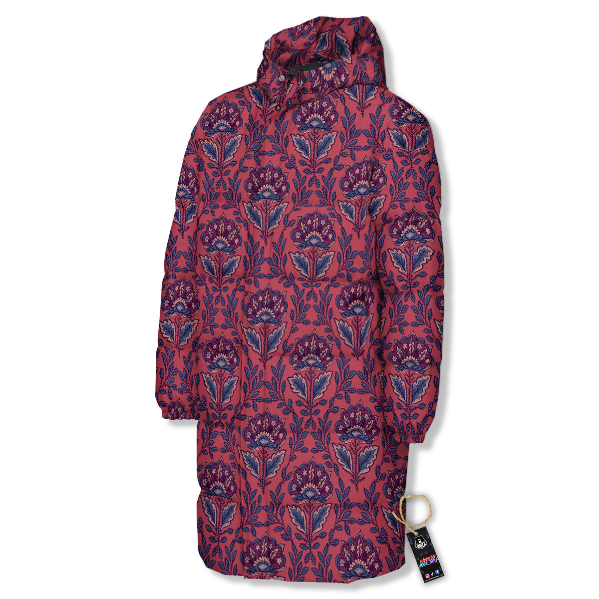 Bohemian Floral Maroon Vintage Print Pattern Long Down Jacket-grizzshop