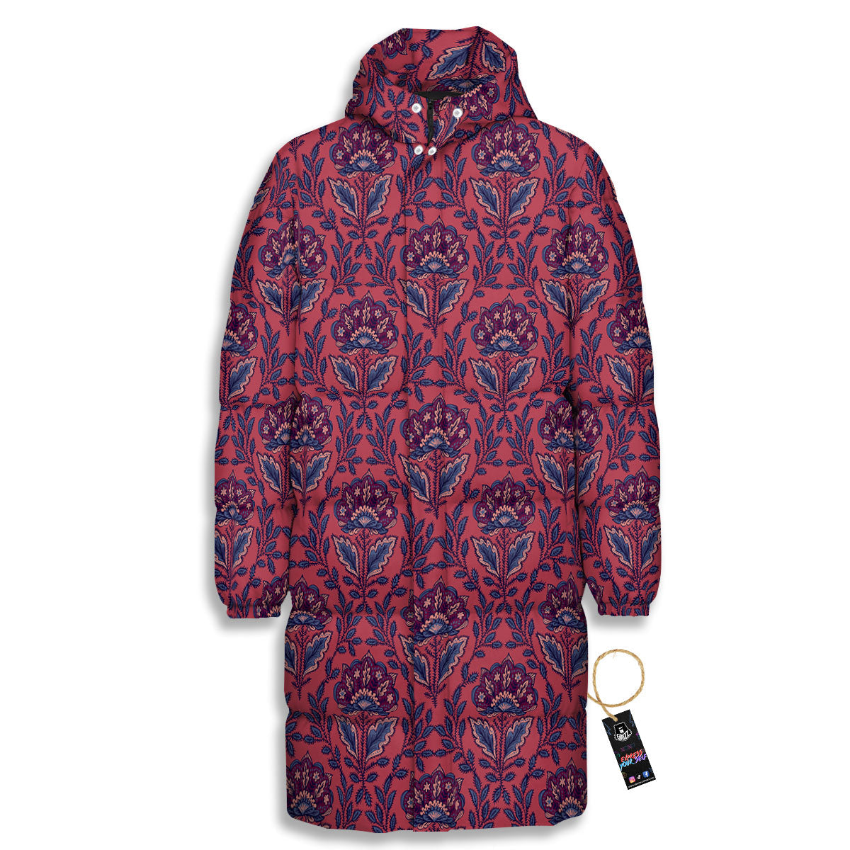 Bohemian Floral Maroon Vintage Print Pattern Long Down Jacket-grizzshop