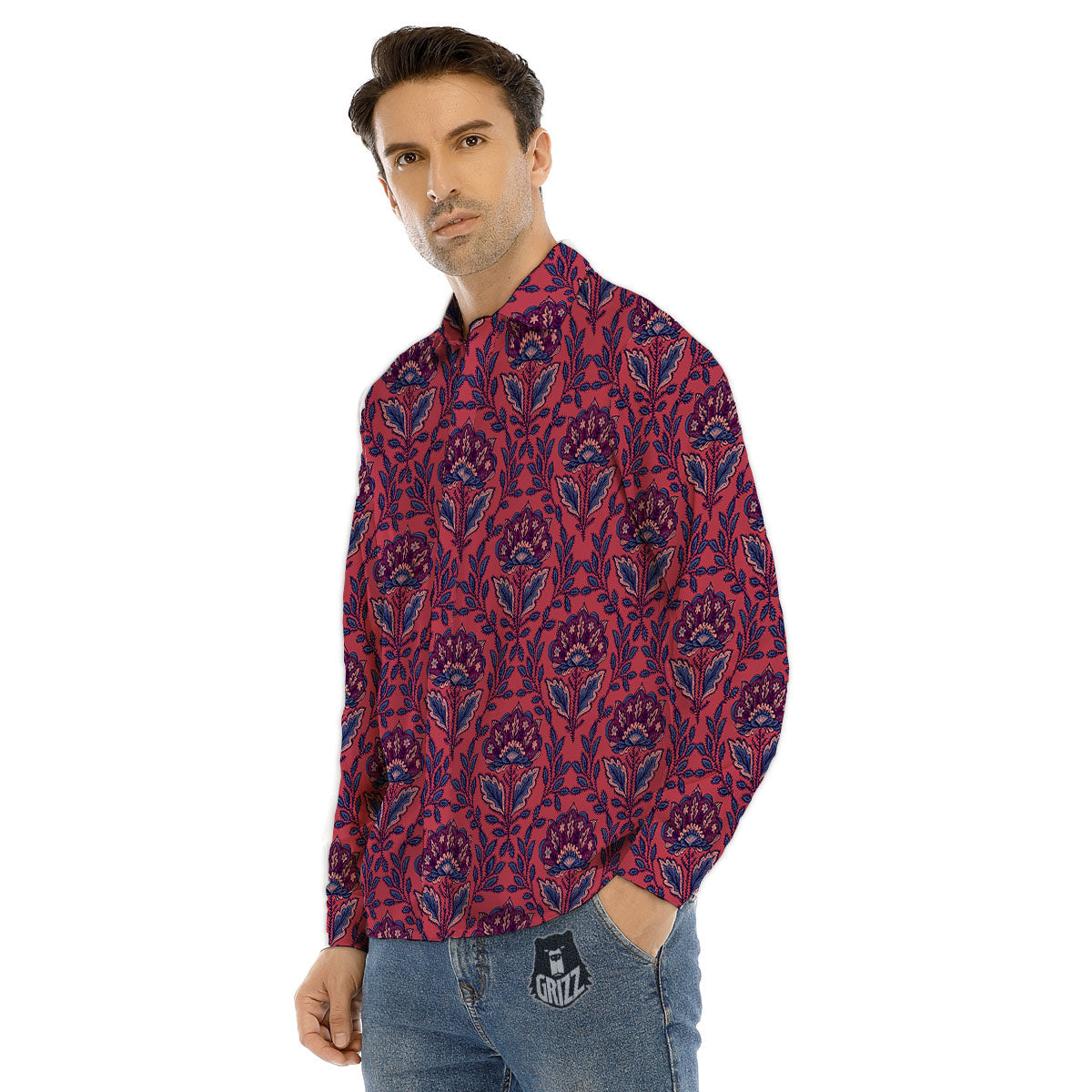 Bohemian Floral Maroon Vintage Print Pattern Men's Dress Shirts-grizzshop
