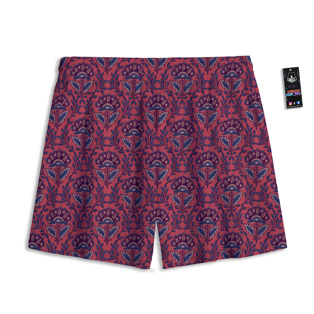Bohemian Floral Maroon Vintage Print Pattern Mesh Shorts
