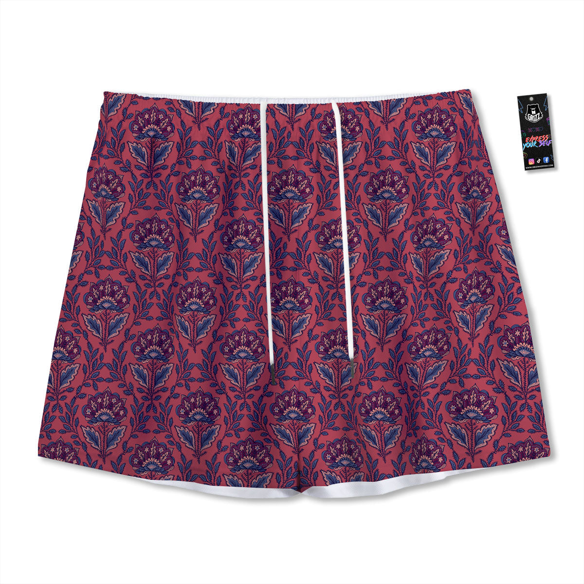 Bohemian Floral Maroon Vintage Print Pattern Mesh Shorts