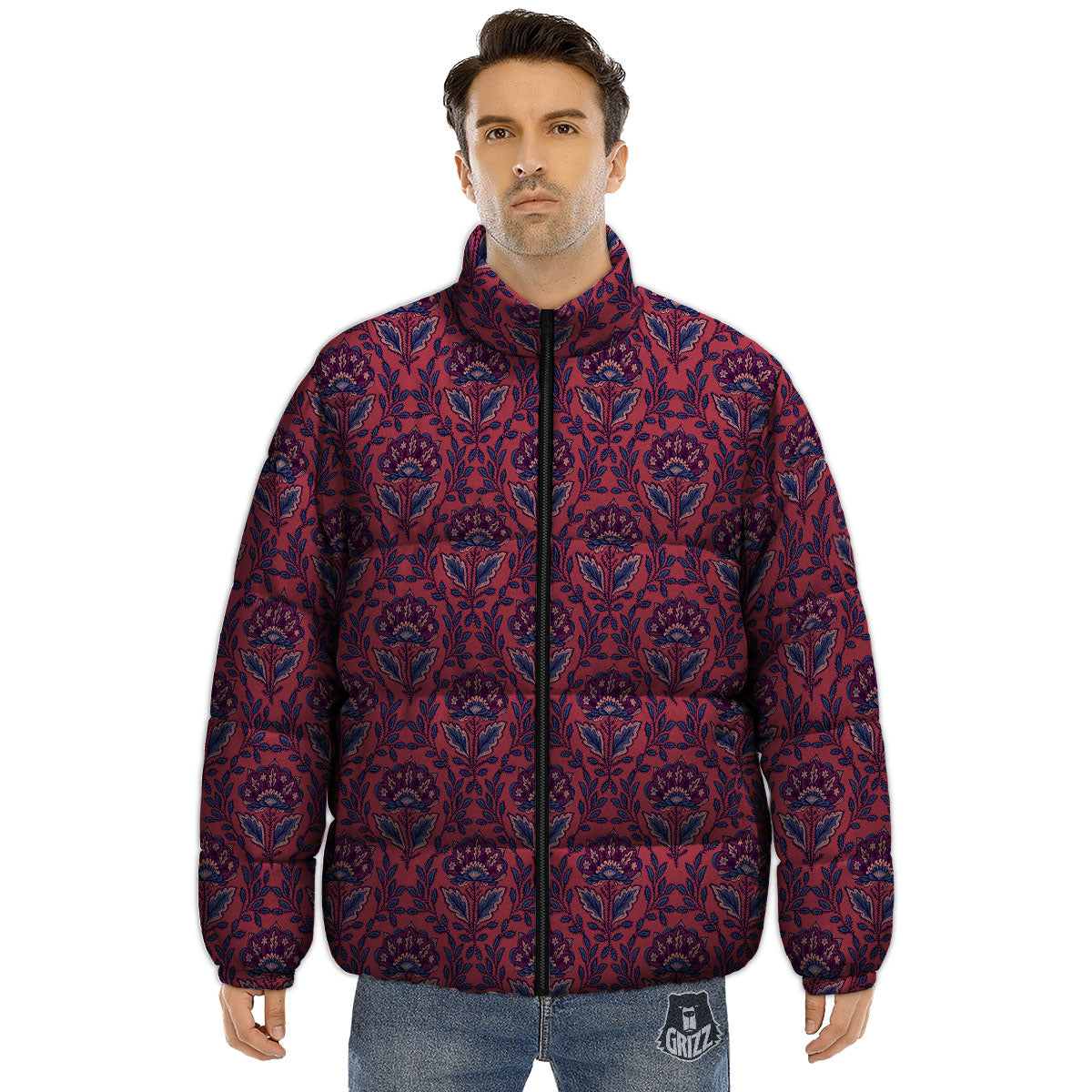 Bohemian Floral Maroon Vintage Print Pattern Puffer Jacket-grizzshop