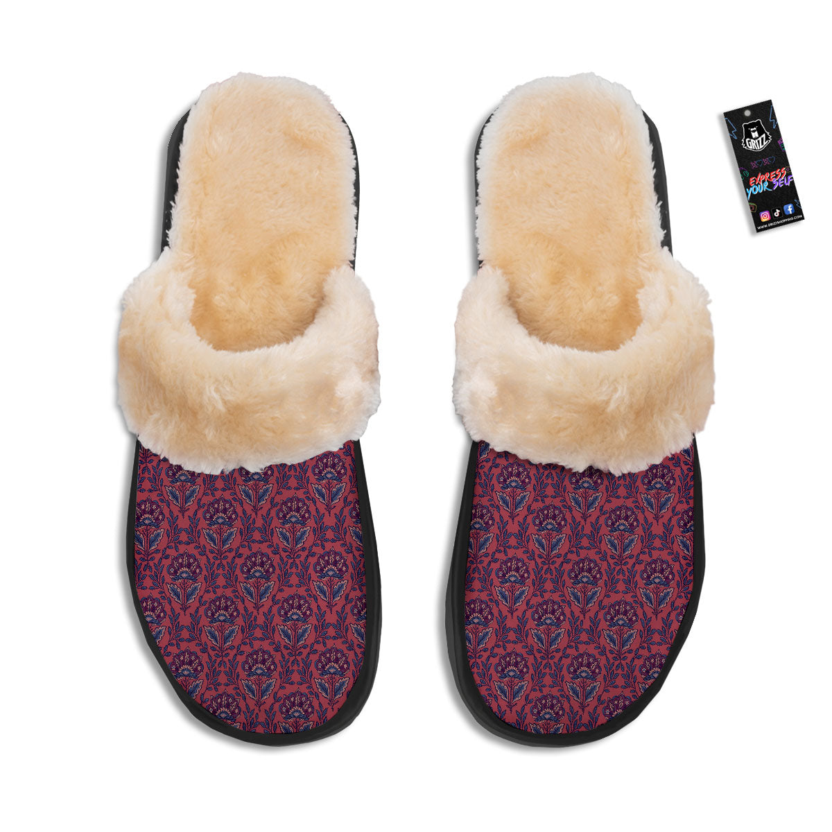 Bohemian Floral Maroon Vintage Print Pattern Slippers-grizzshop