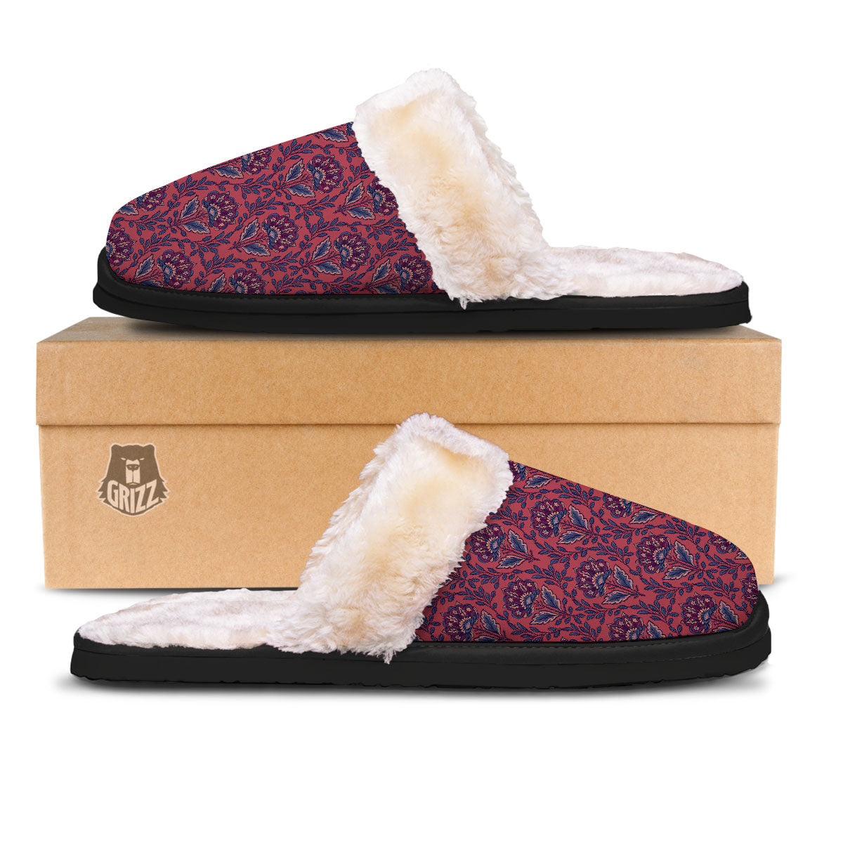 Bohemian Floral Maroon Vintage Print Pattern Slippers-grizzshop
