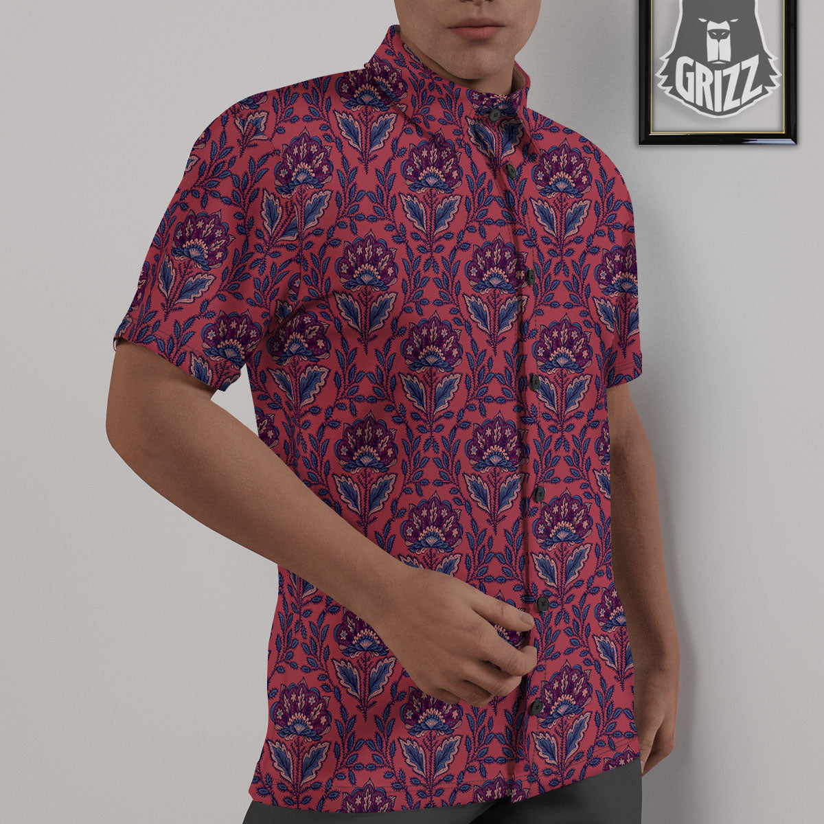Bohemian Floral Maroon Vintage Print Pattern Untucked Shirts-grizzshop