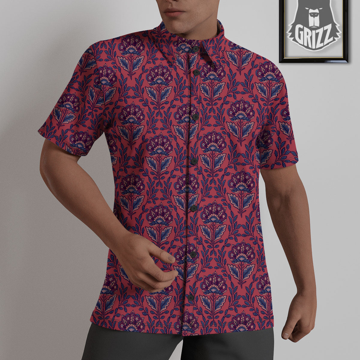 Bohemian Floral Maroon Vintage Print Pattern Untucked Shirts-grizzshop