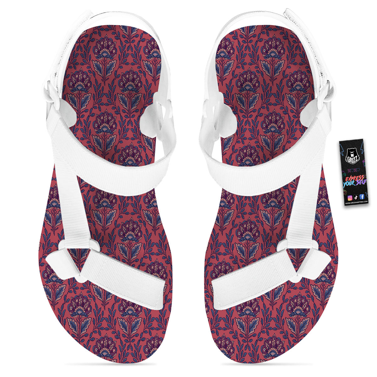 Bohemian Floral Maroon Vintage Print Pattern White Open Toe Sandals-grizzshop