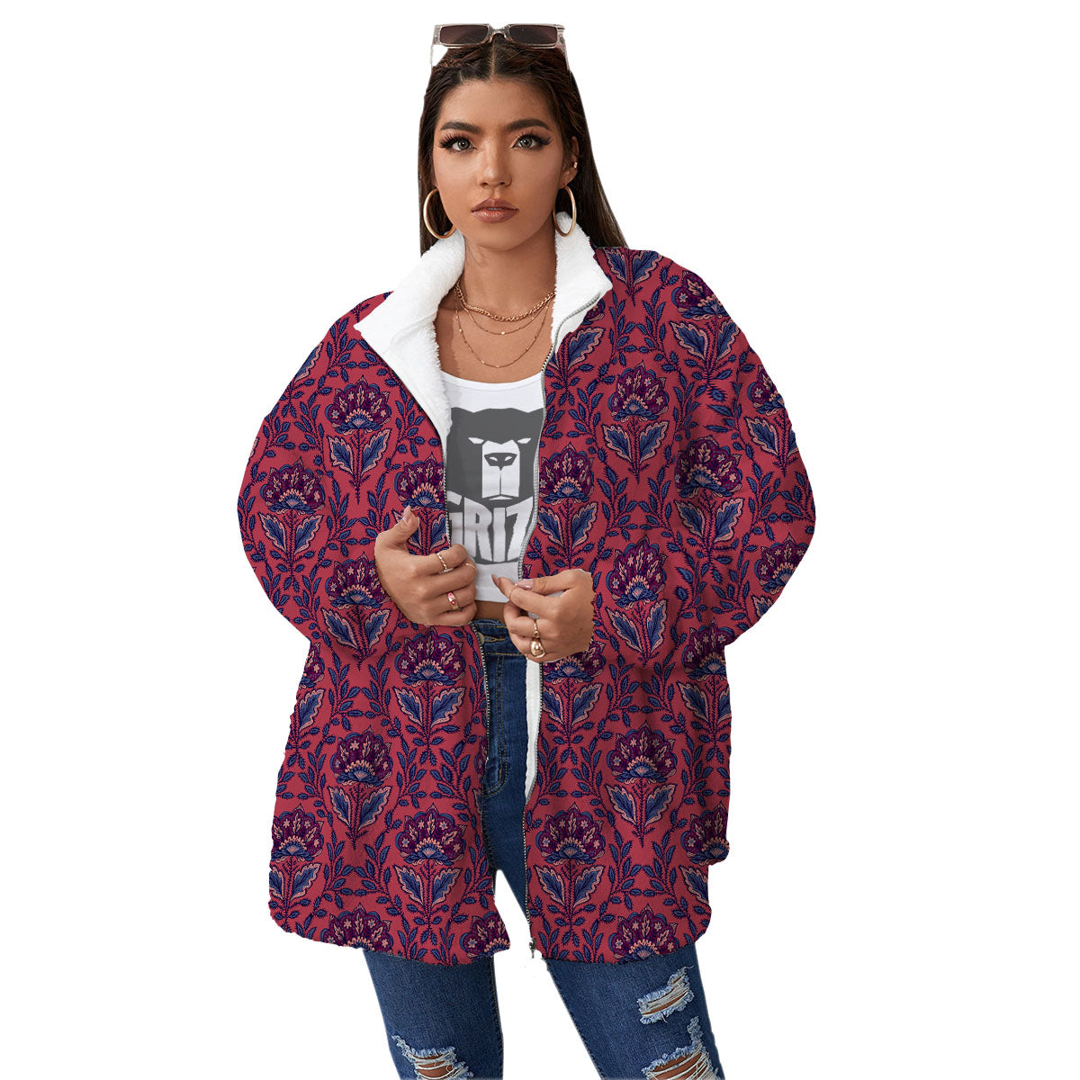 Bohemian Floral Maroon Vintage Print Pattern Women's Sherpa Jacket-grizzshop