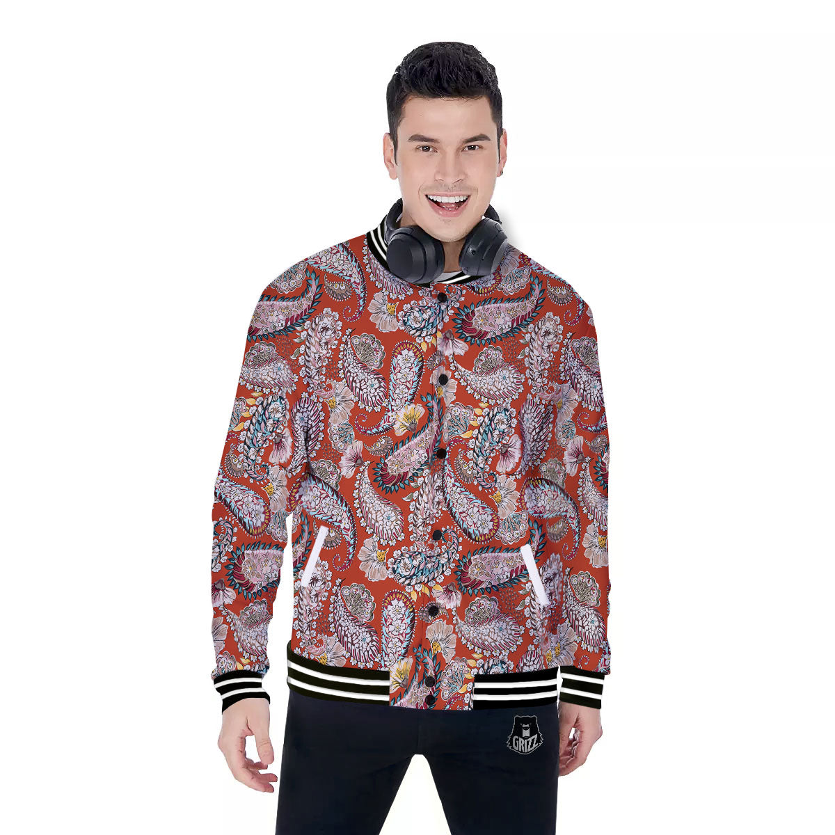 Bohemian Floral Orange Print Pattern Baseball Jacket-grizzshop