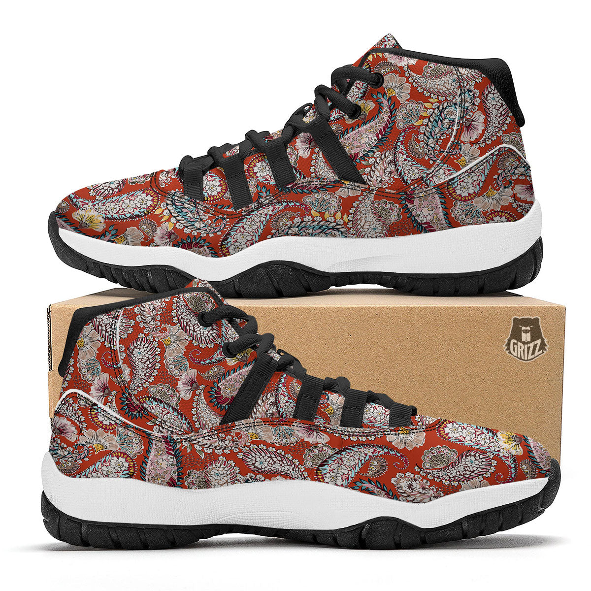 Bohemian Floral Orange Print Pattern Black Bball Shoes-grizzshop
