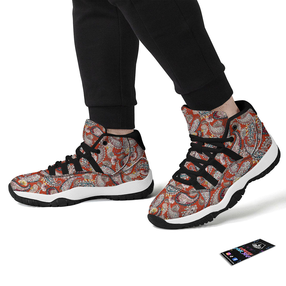 Bohemian Floral Orange Print Pattern Black Bball Shoes-grizzshop