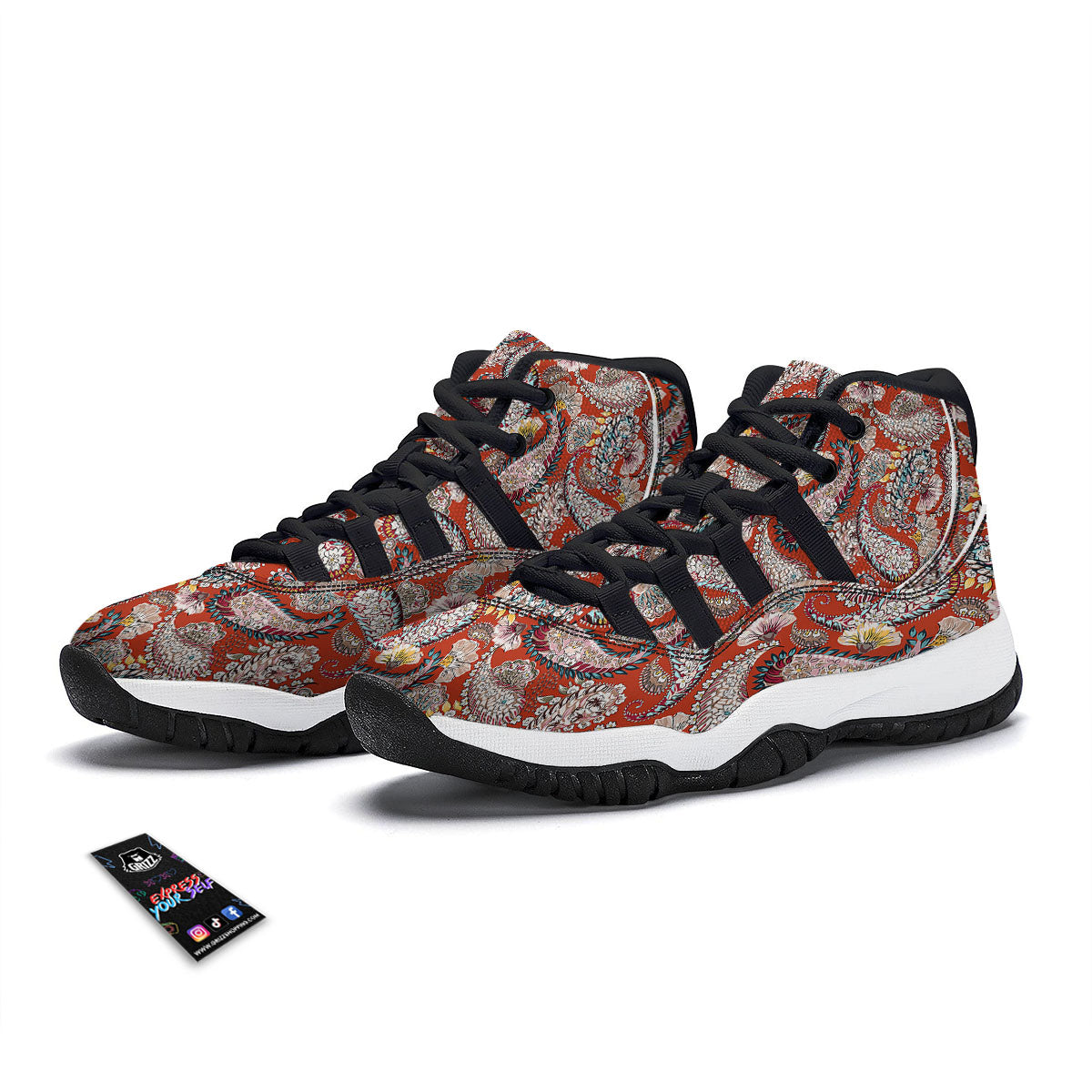 Bohemian Floral Orange Print Pattern Black Bball Shoes-grizzshop
