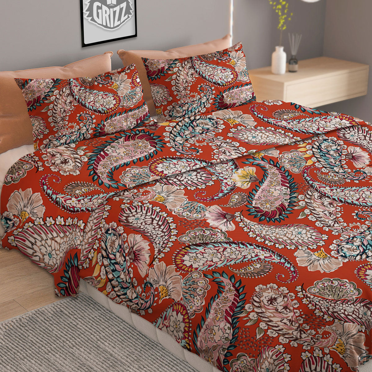 Bohemian Floral Orange Print Pattern Duvet Cover Bedding Set