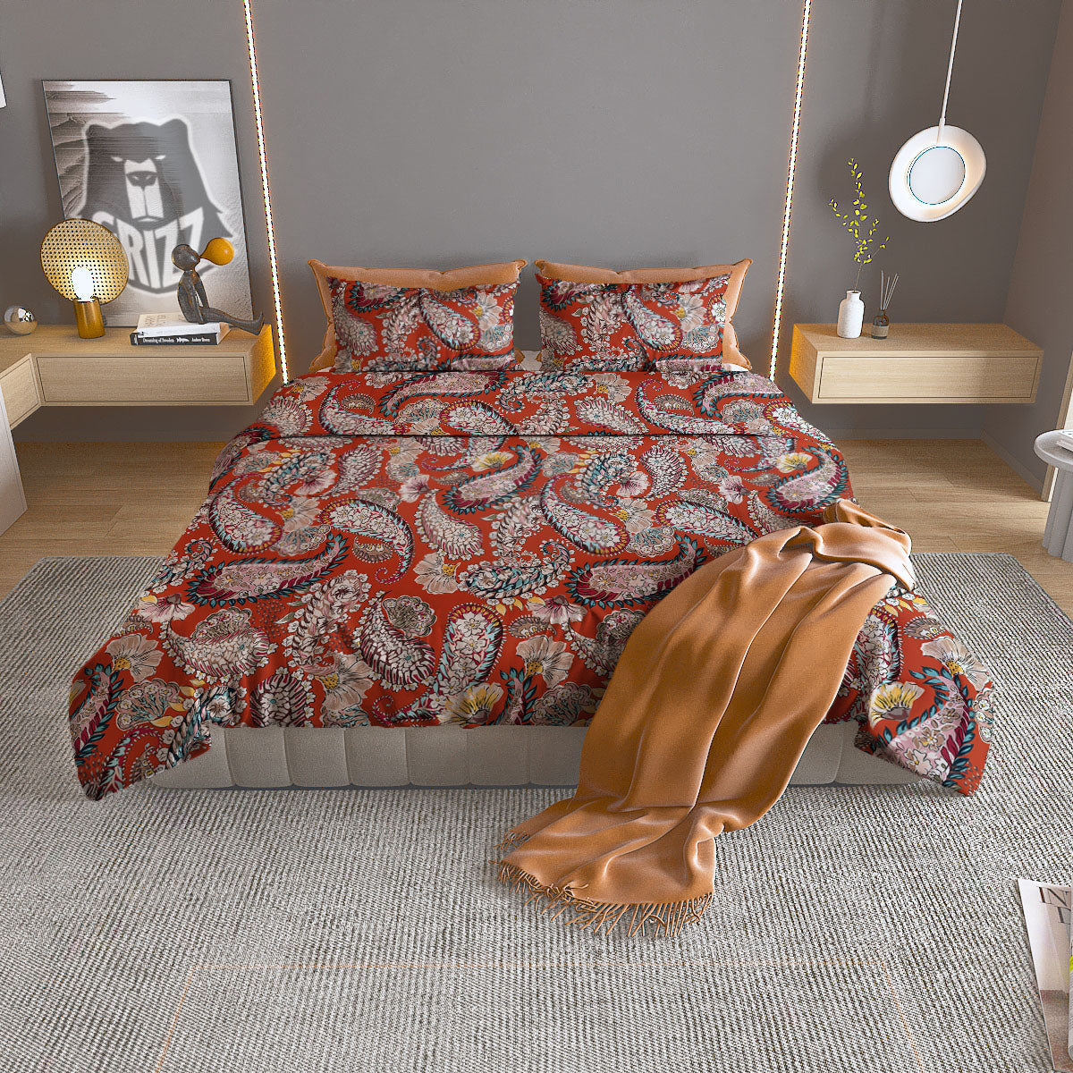 Bohemian Floral Orange Print Pattern Duvet Cover Bedding Set