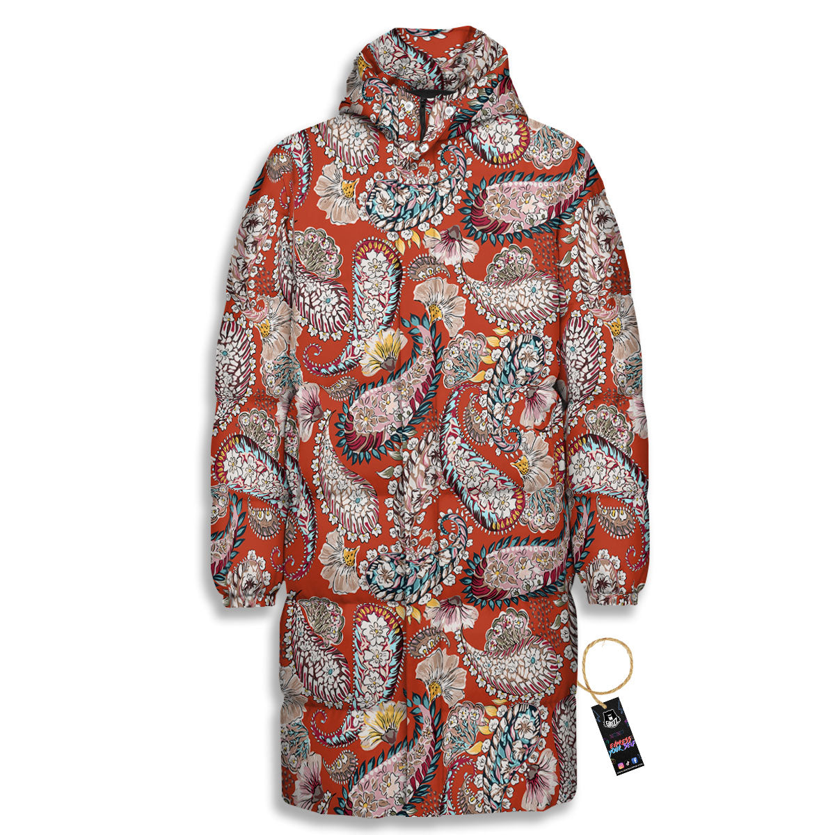 Bohemian Floral Orange Print Pattern Long Down Jacket-grizzshop