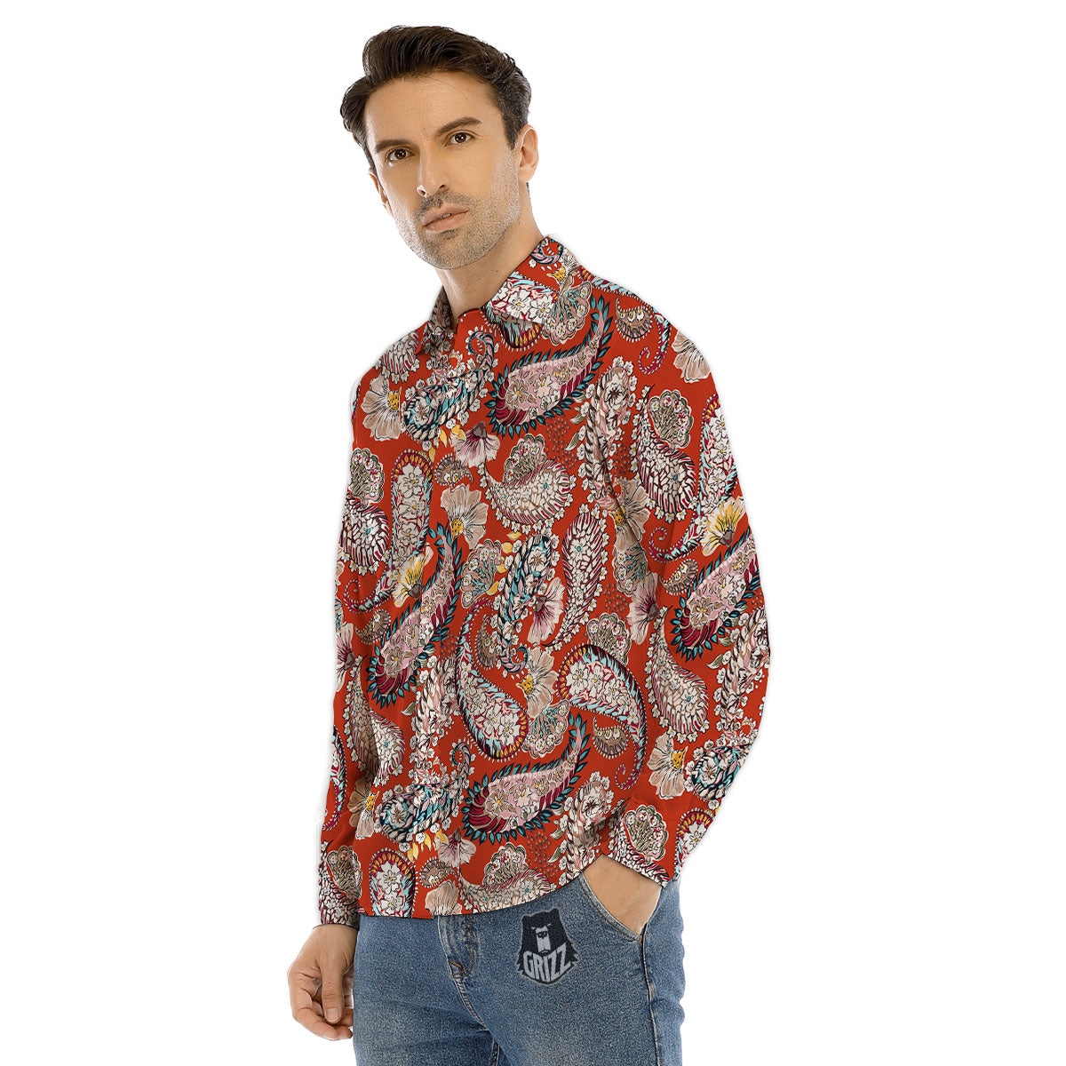 Bohemian Floral Orange Print Pattern Men's Dress Shirts-grizzshop