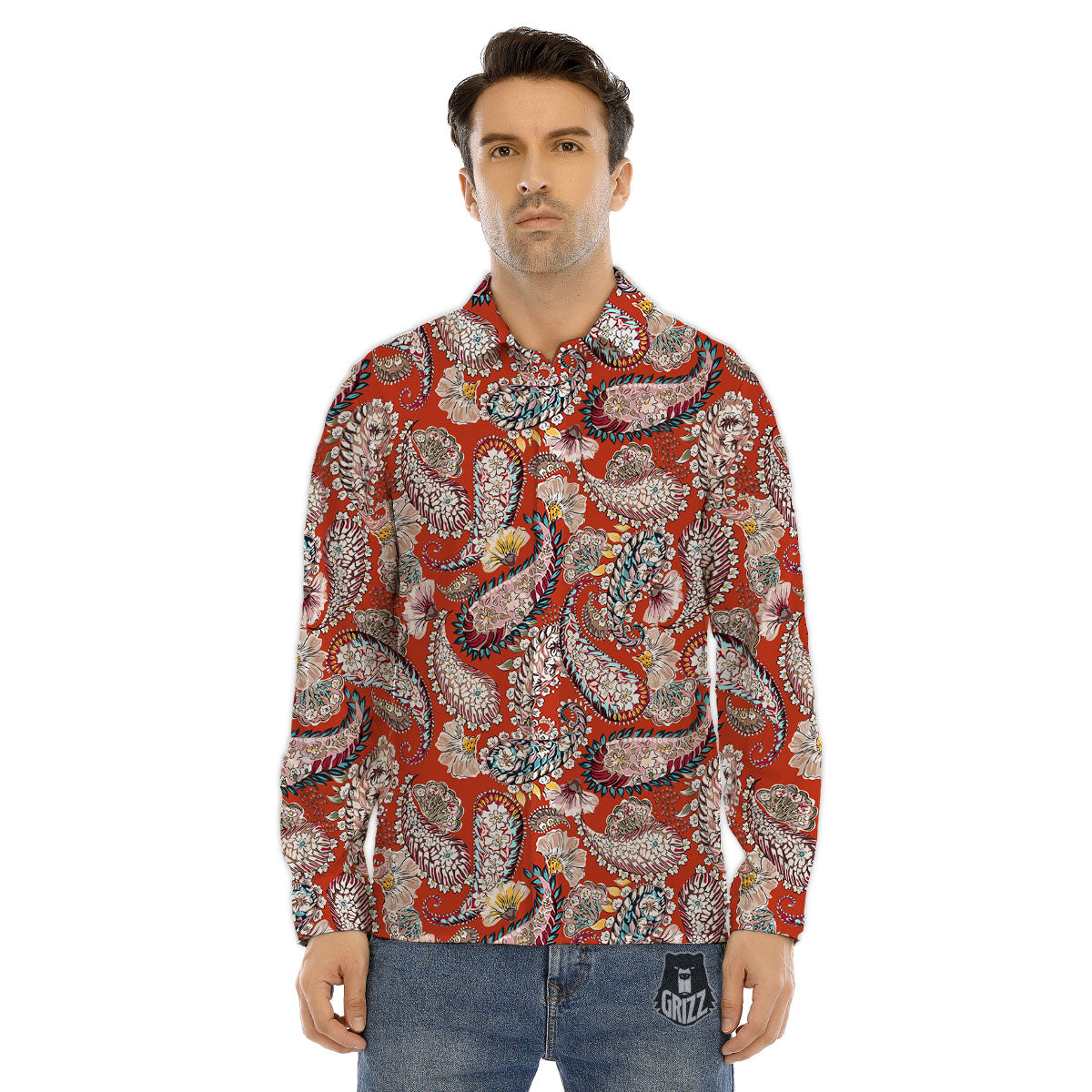 Bohemian Floral Orange Print Pattern Men's Dress Shirts-grizzshop