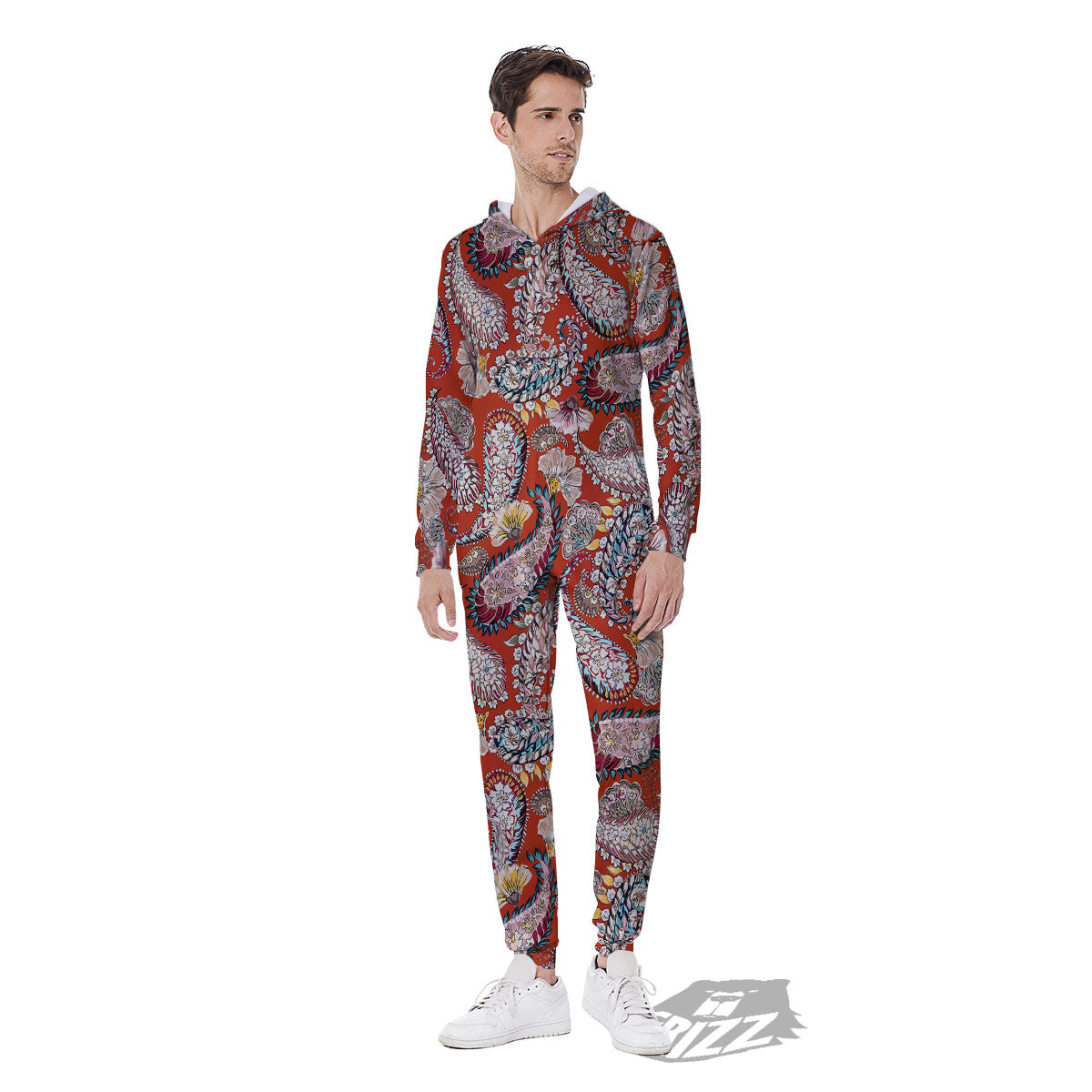 Bohemian Floral Orange Print Pattern Men's Jumpsuit-grizzshop
