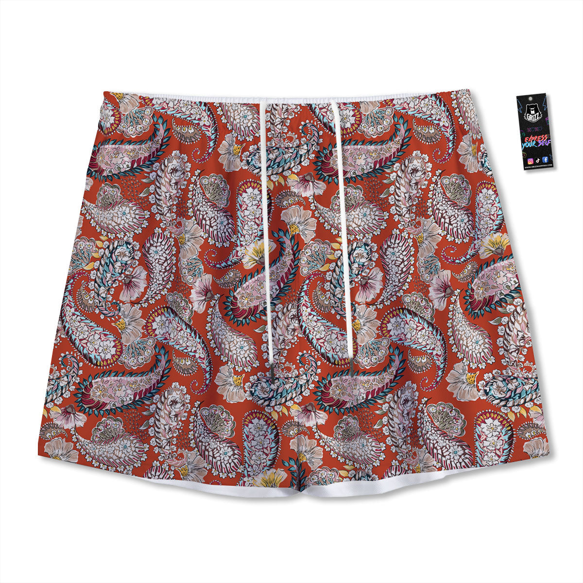 Bohemian Floral Orange Print Pattern Mesh Shorts