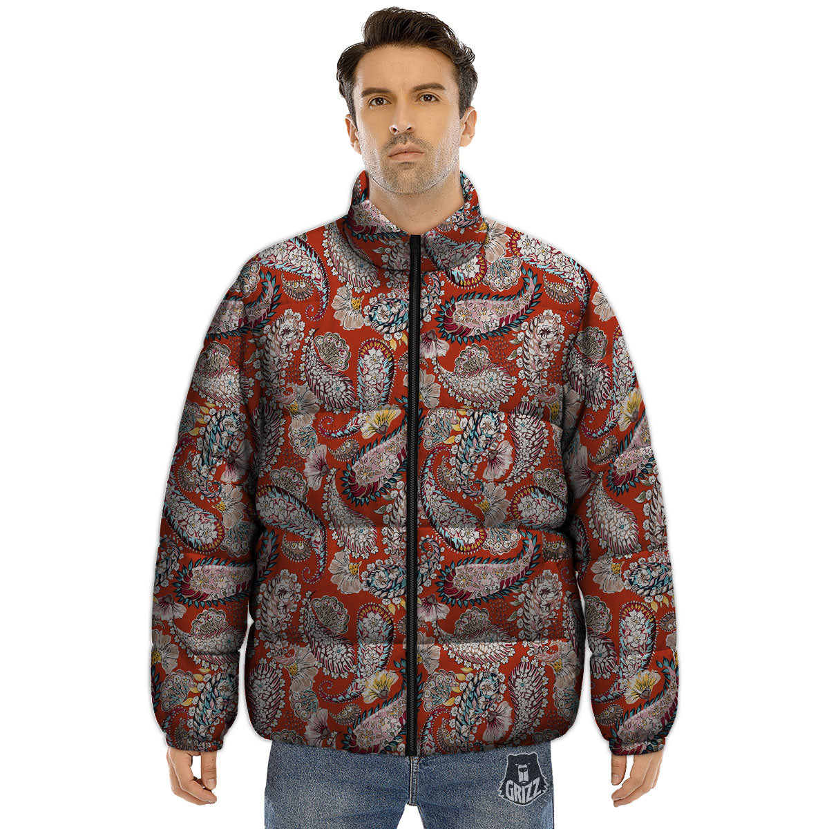 Bohemian Floral Orange Print Pattern Puffer Jacket-grizzshop
