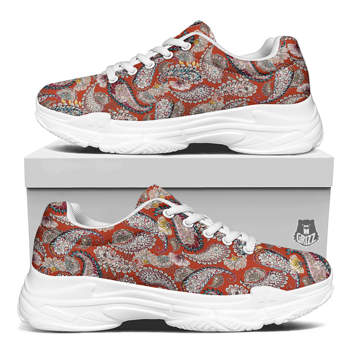 Bohemian Floral Orange Print Pattern White Chunky Shoes-grizzshop