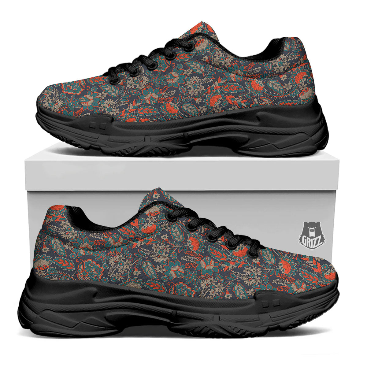 Bohemian Floral Retro Vintage Print Pattern Black Chunky Shoes-grizzshop
