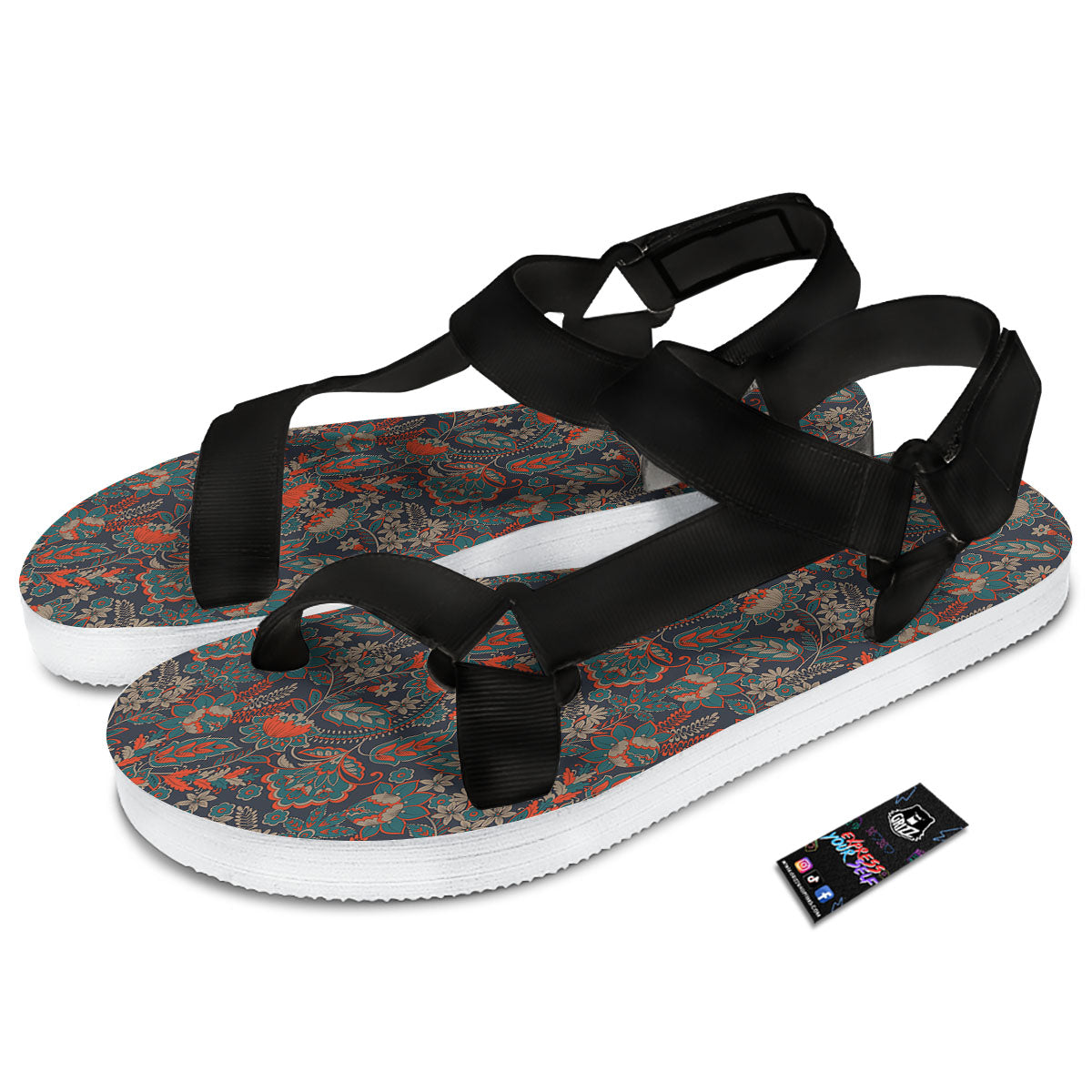 Bohemian Floral Retro Vintage Print Pattern Black Open Toe Sandals-grizzshop
