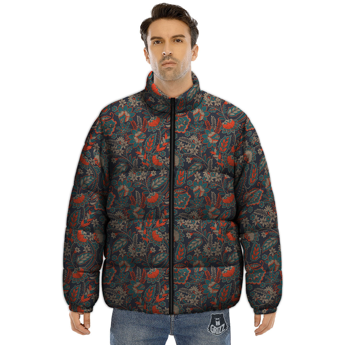 Bohemian Floral Retro Vintage Print Pattern Puffer Jacket-grizzshop