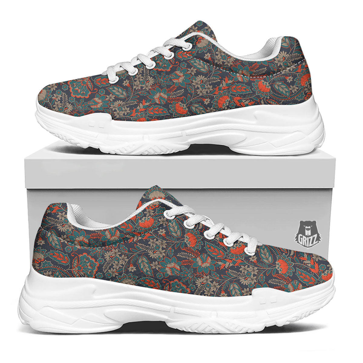 Bohemian Floral Retro Vintage Print Pattern White Chunky Shoes-grizzshop
