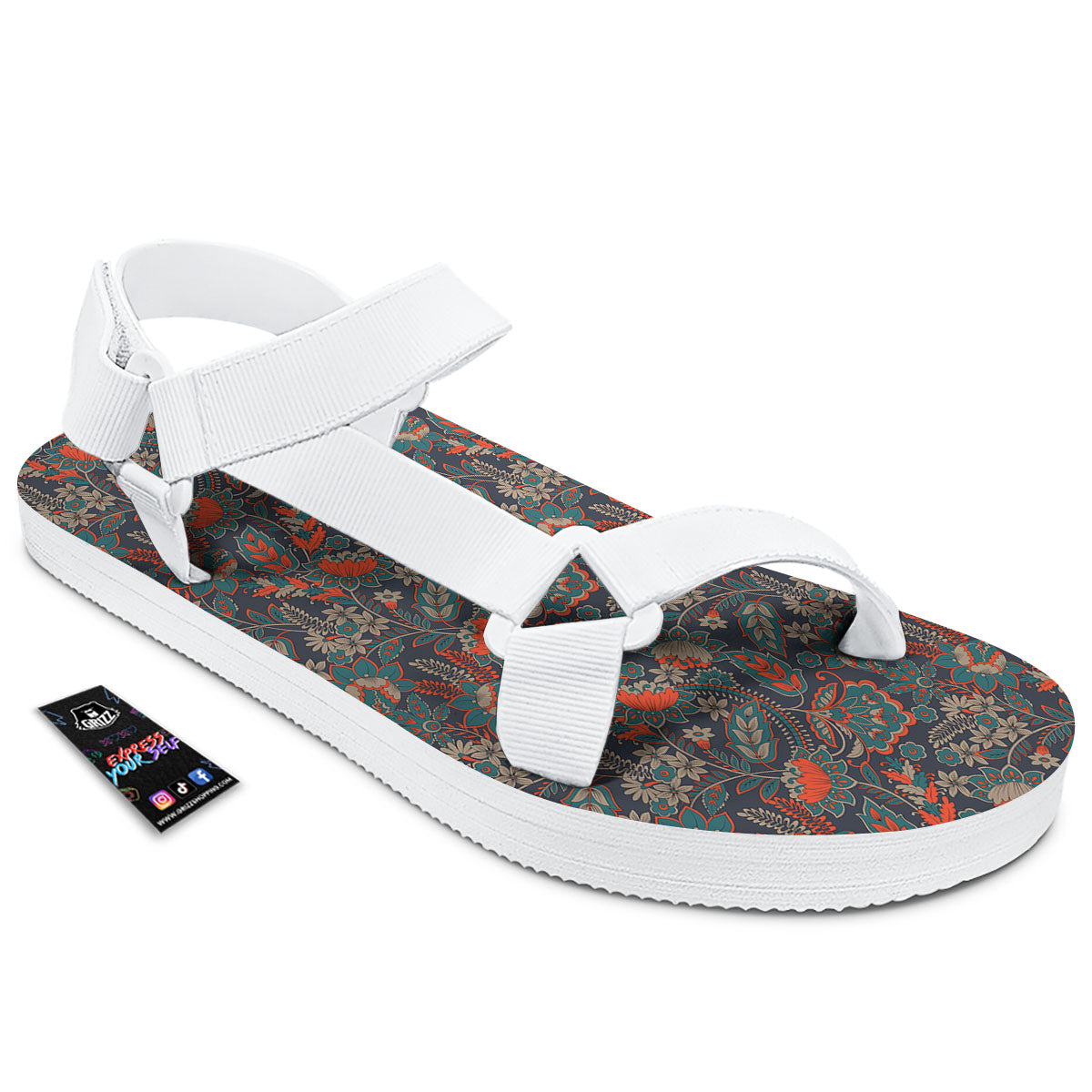 Bohemian Floral Retro Vintage Print Pattern White Open Toe Sandals-grizzshop