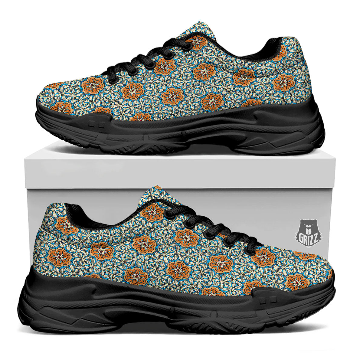 Bohemian Mandala Floral Print Pattern Black Chunky Shoes-grizzshop
