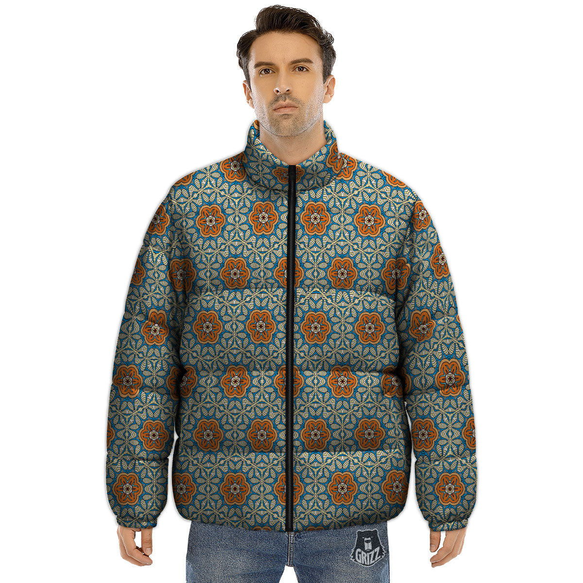 Bohemian Mandala Floral Print Pattern Puffer Jacket-grizzshop