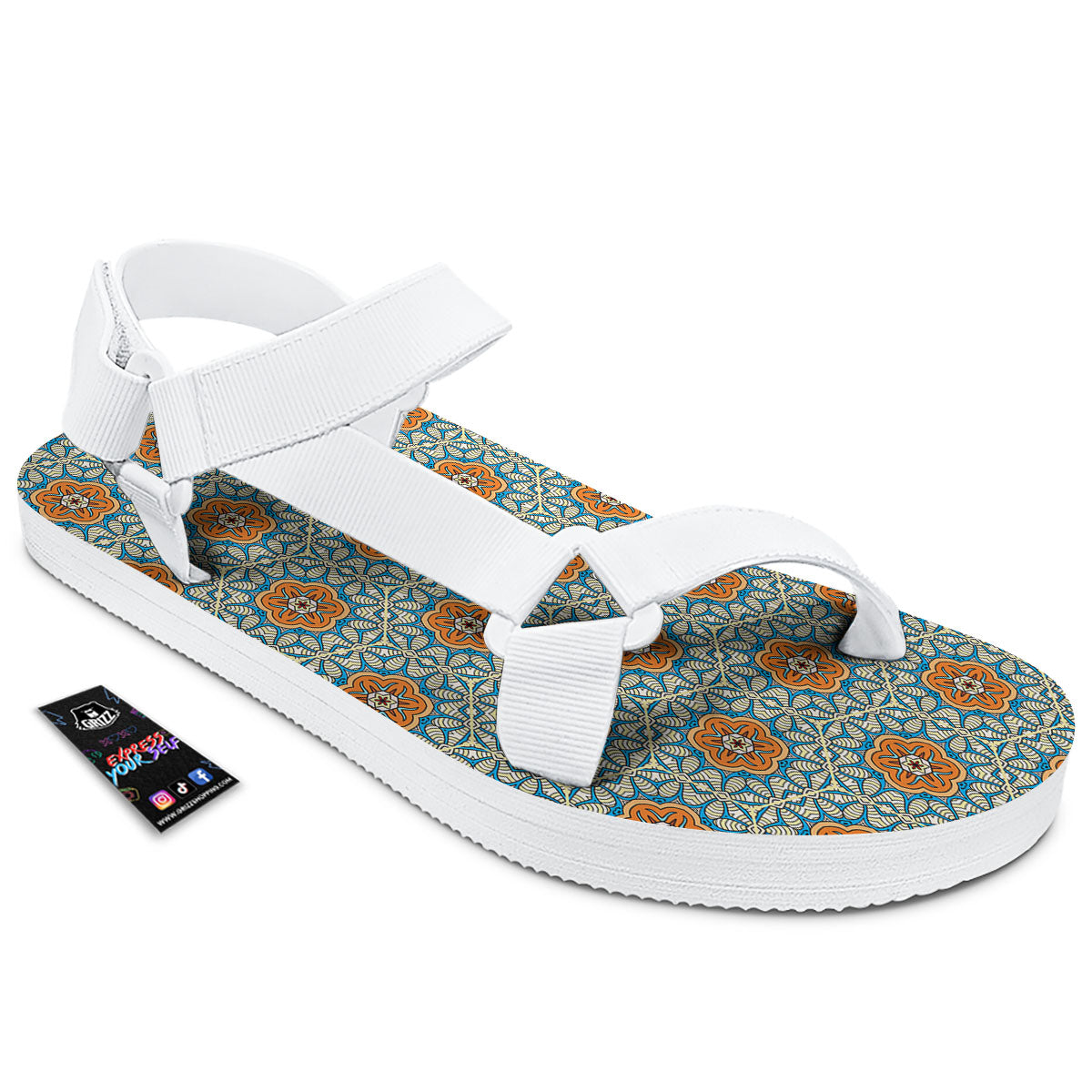 Bohemian Mandala Floral Print Pattern White Open Toe Sandals-grizzshop