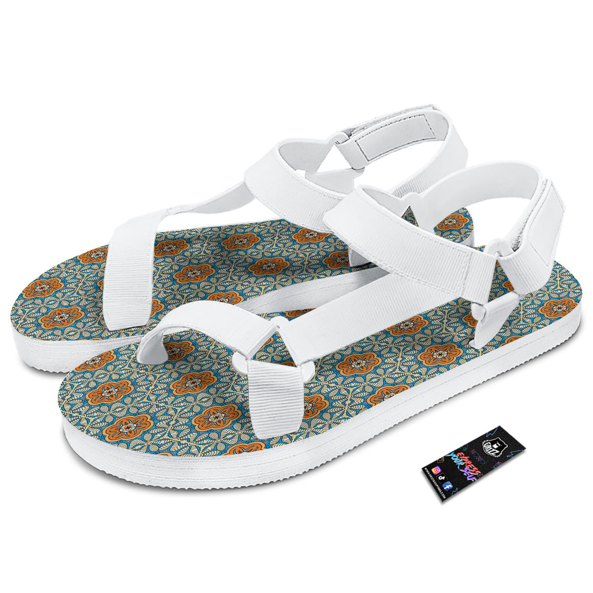 Bohemian Mandala Floral Print Pattern White Open Toe Sandals-grizzshop