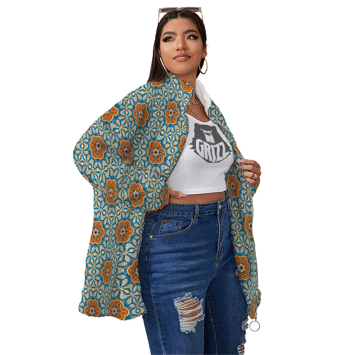 Bohemian Mandala Floral Print Pattern Women's Sherpa Jacket-grizzshop