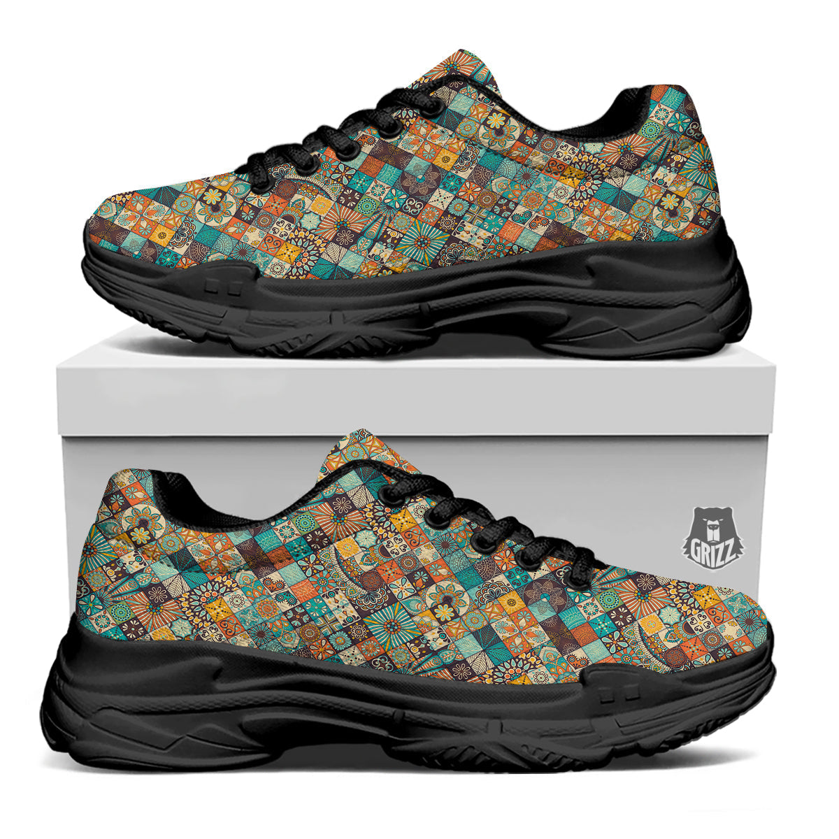 Bohemian Mandala Floral Vintage Print Pattern Black Chunky Shoes-grizzshop