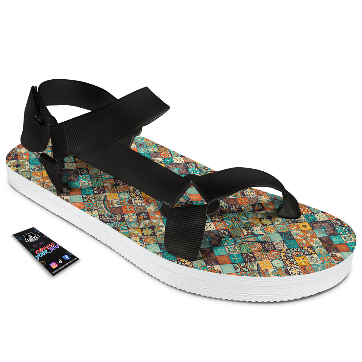 Bohemian Mandala Floral Vintage Print Pattern Black Open Toe Sandals-grizzshop