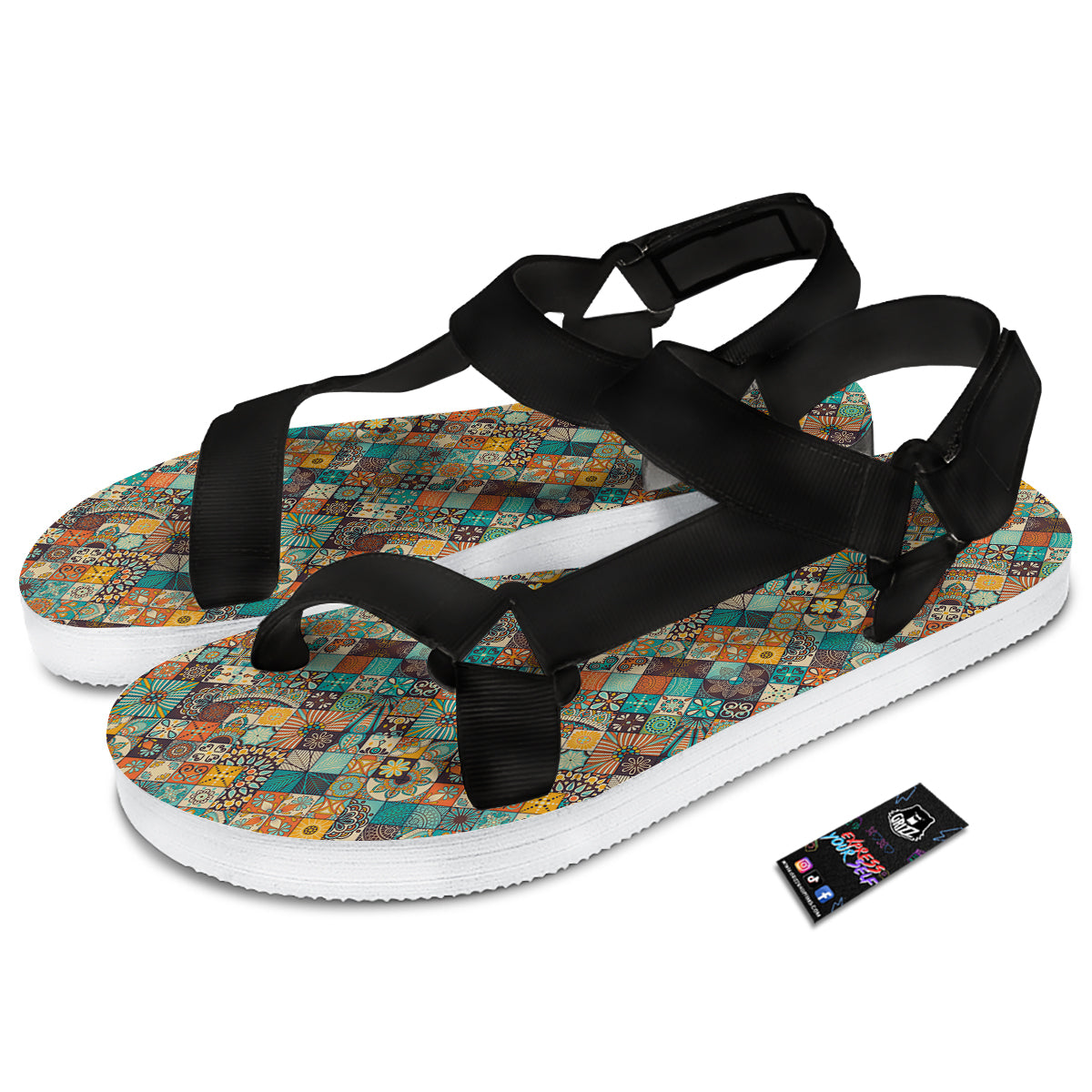 Bohemian Mandala Floral Vintage Print Pattern Black Open Toe Sandals-grizzshop