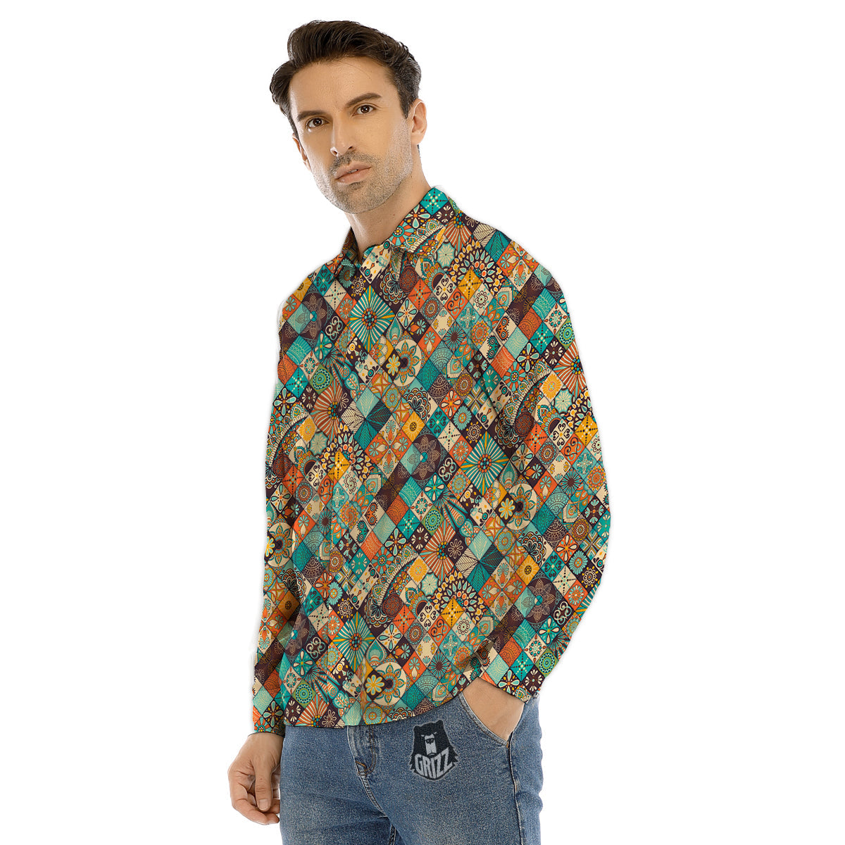 Bohemian Mandala Floral Vintage Print Pattern Men's Dress Shirts-grizzshop