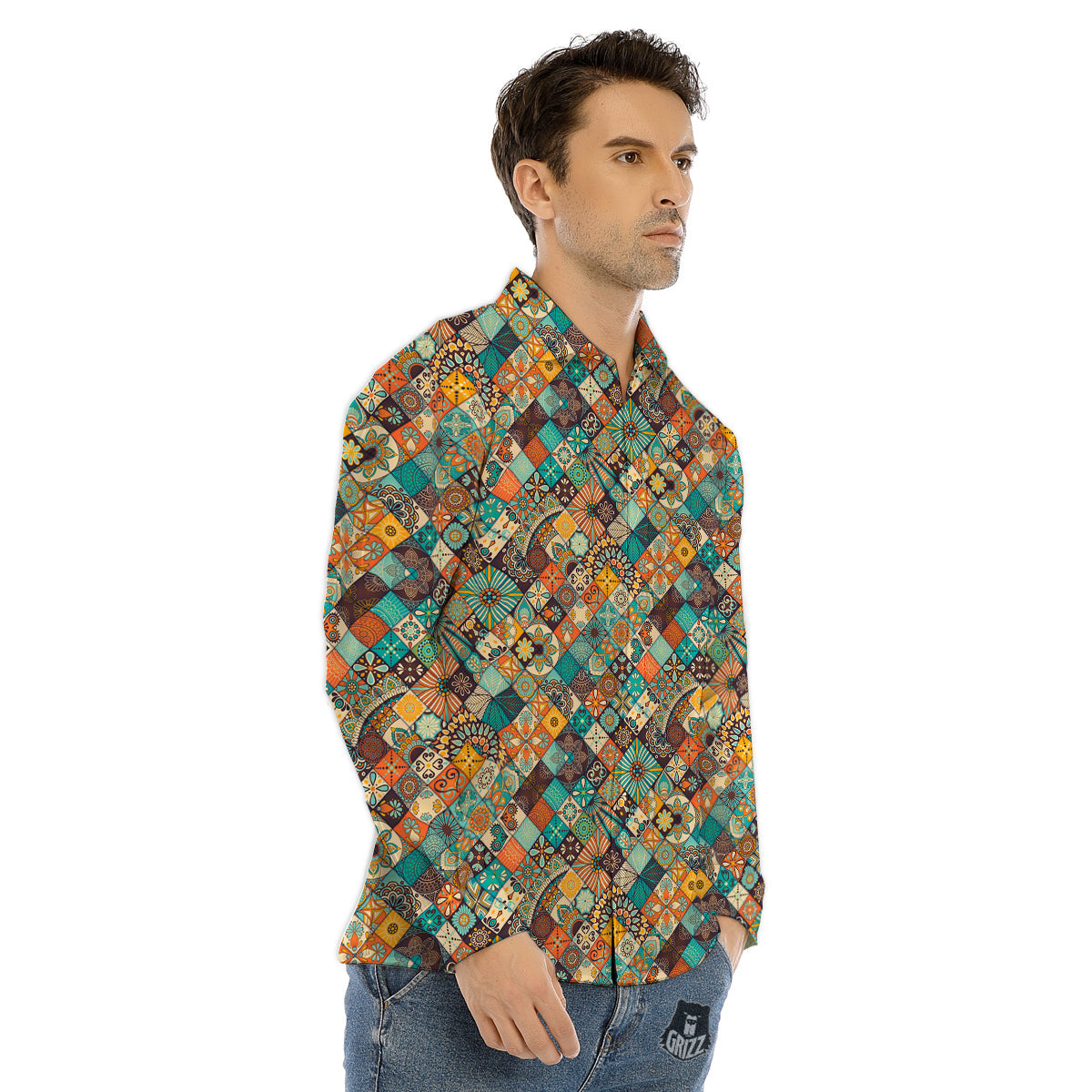 Bohemian Mandala Floral Vintage Print Pattern Men's Dress Shirts-grizzshop