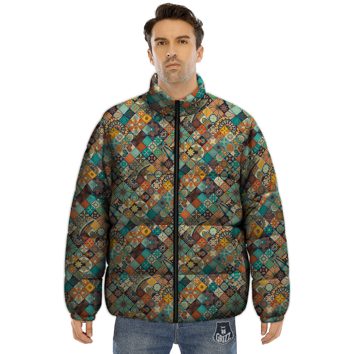 Bohemian Mandala Floral Vintage Print Pattern Puffer Jacket-grizzshop