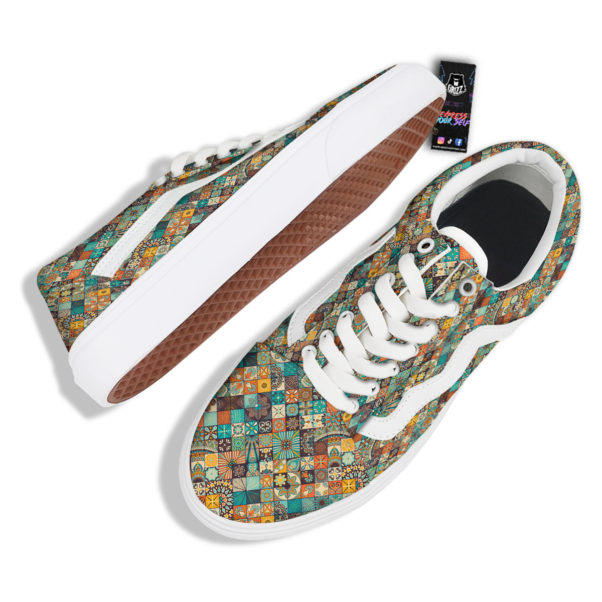 Bohemian Mandala Floral Vintage Print Pattern Skate Shoes-grizzshop