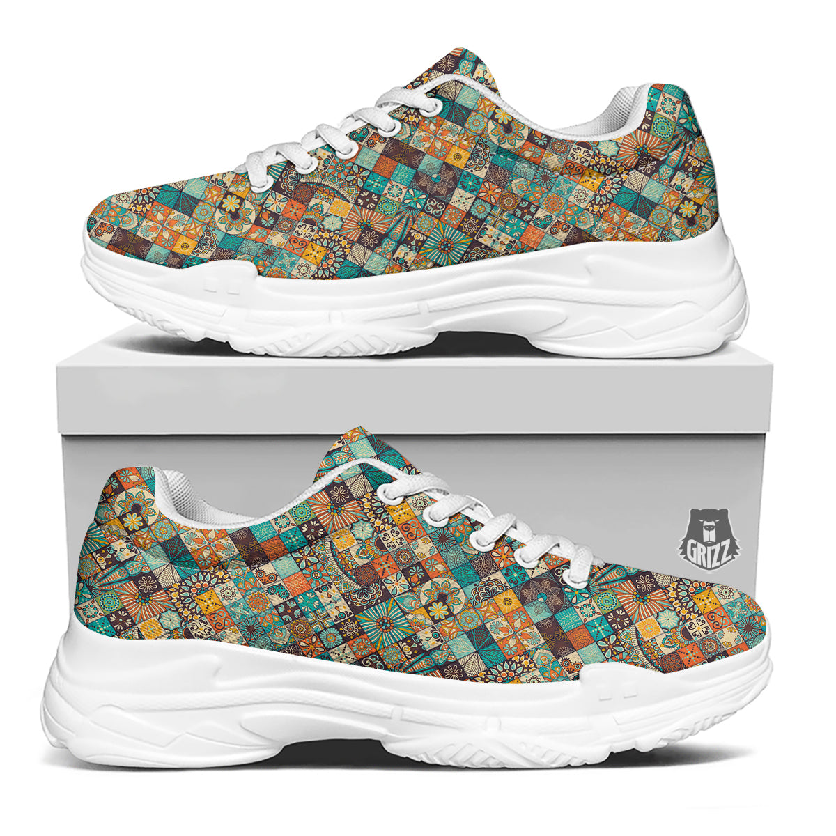 Bohemian Mandala Floral Vintage Print Pattern White Chunky Shoes-grizzshop