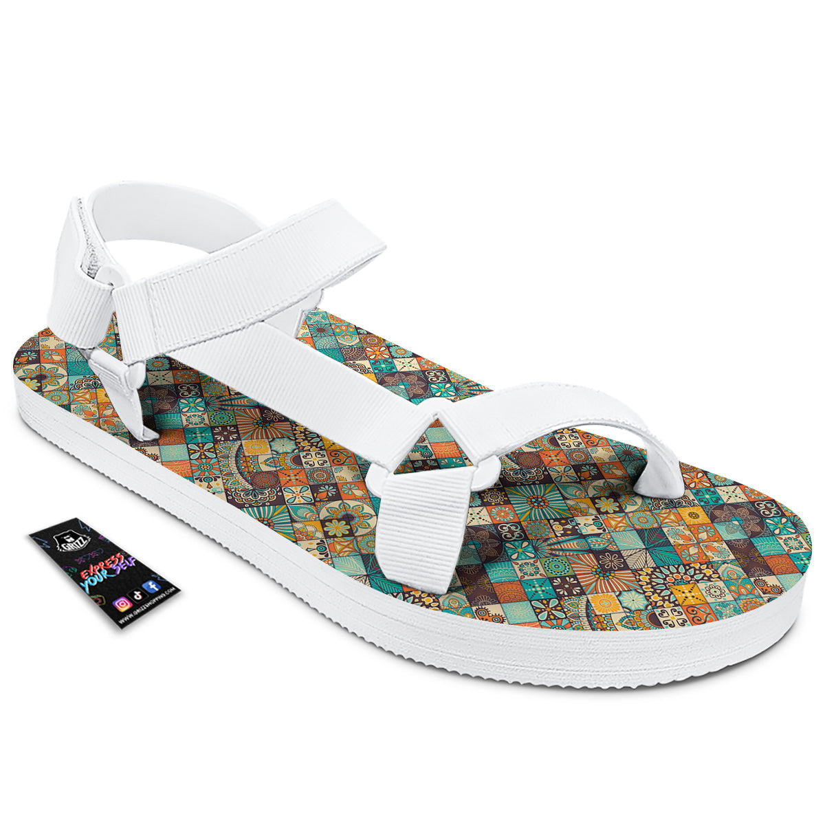 Bohemian Mandala Floral Vintage Print Pattern White Open Toe Sandals-grizzshop