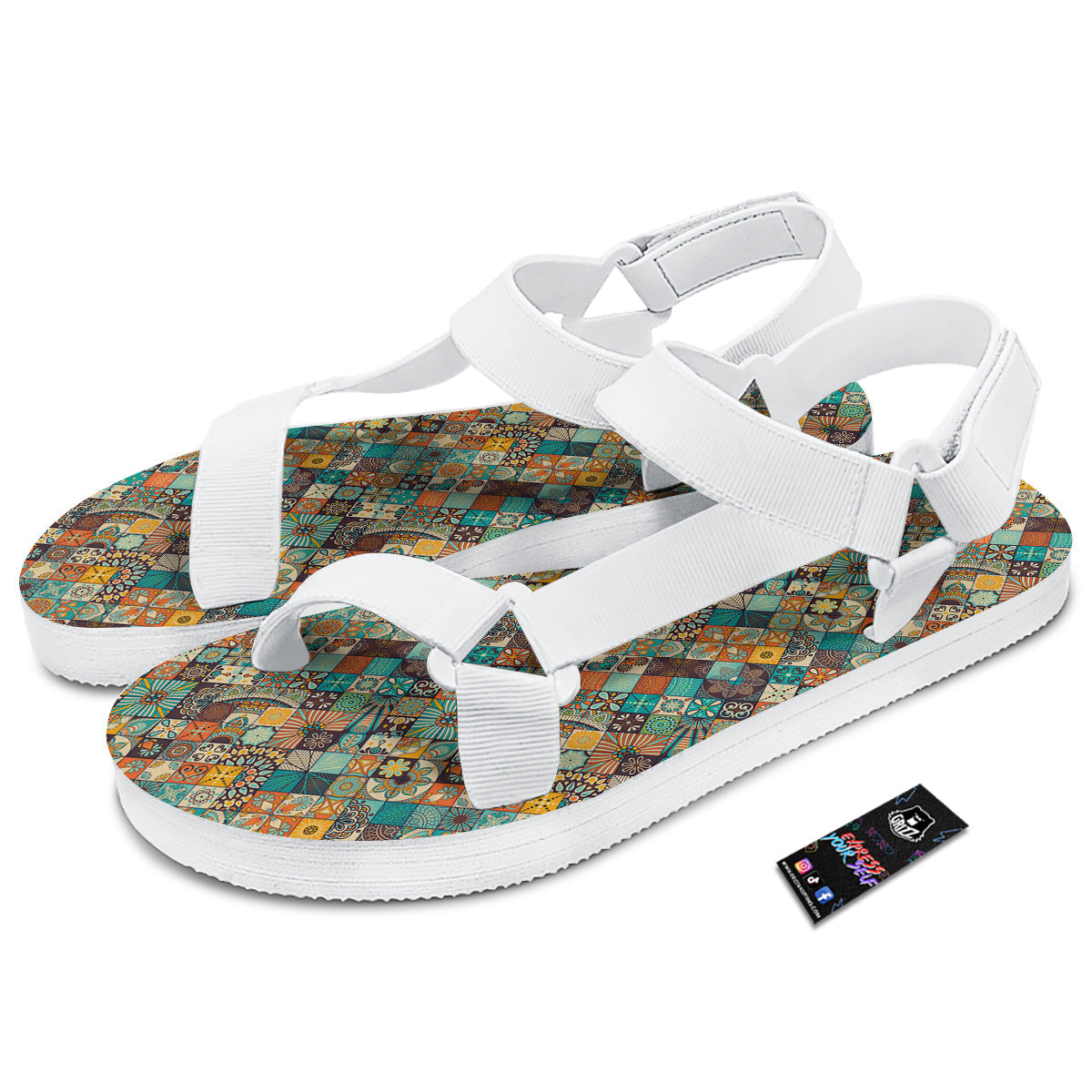 Bohemian Mandala Floral Vintage Print Pattern White Open Toe Sandals-grizzshop